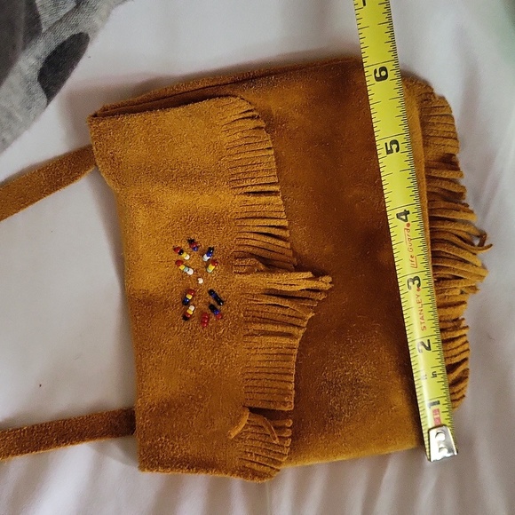 Suede Native Purse beads fringe  crossbody 5 x 6" 90s Cherokee NC good used cond - Picture 16 of 16